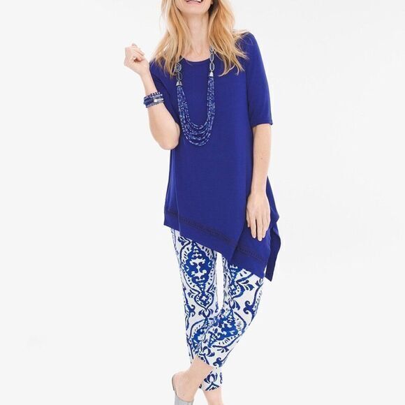 NEW CHICO'S Asymmetrical Crochet-Hem Tunic Blue Short Sleeve Knit‎ Top Size 3 XL - Picture 1 of 10